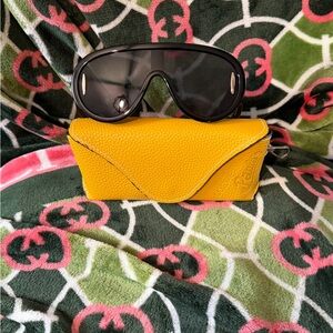 Loewe Yellow Pebbled Leather Sunglasses Case with Black Shield Sunglasses